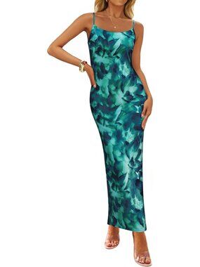 Women’s Green Floral Bodycon Maxi Square Neck Boho Beach Summer Long Dress